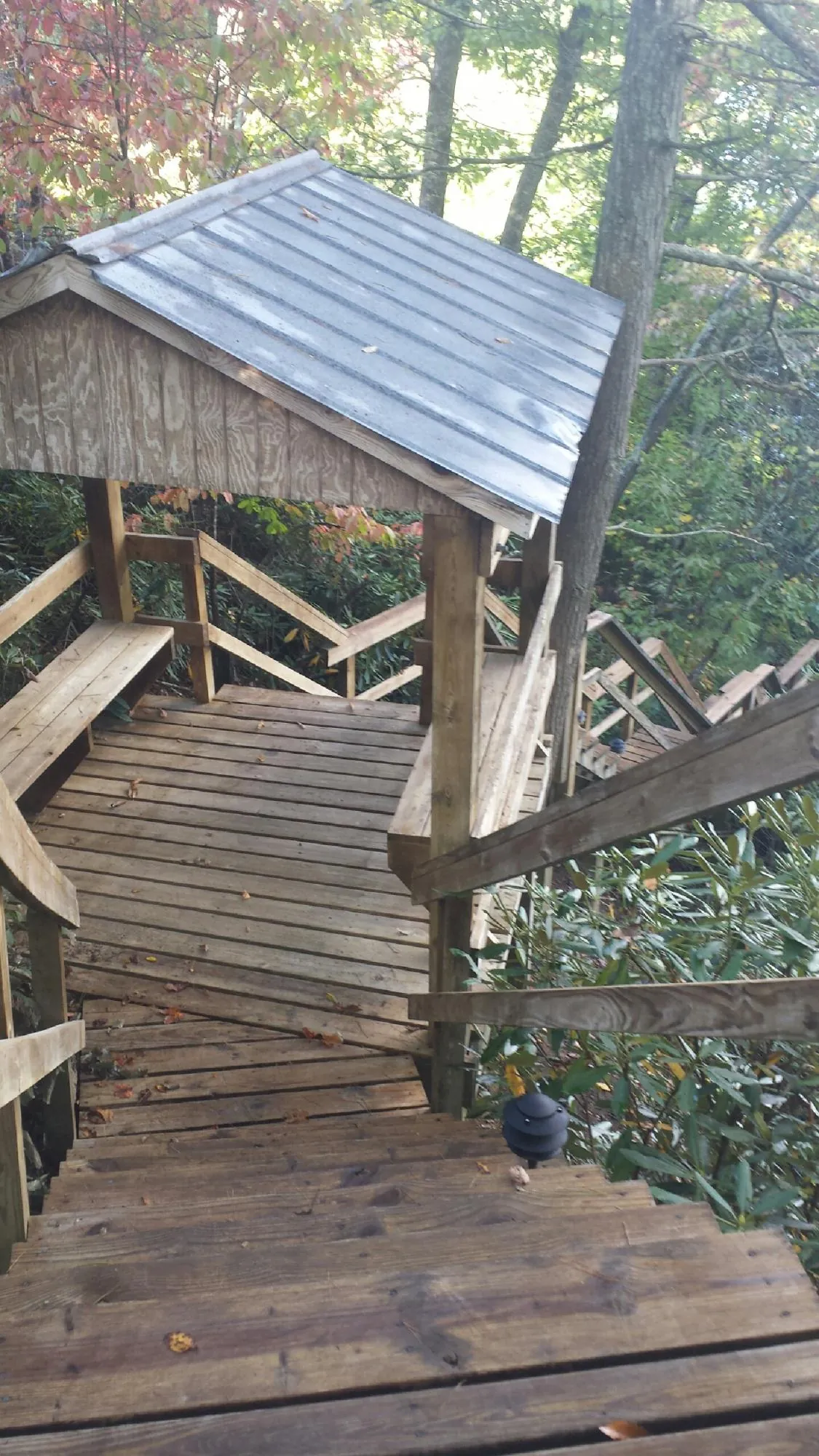 Metal roofed shelter over wooden steps on a wooded walkway — Skylight Repair & Installation work by our crew in Sheldahl